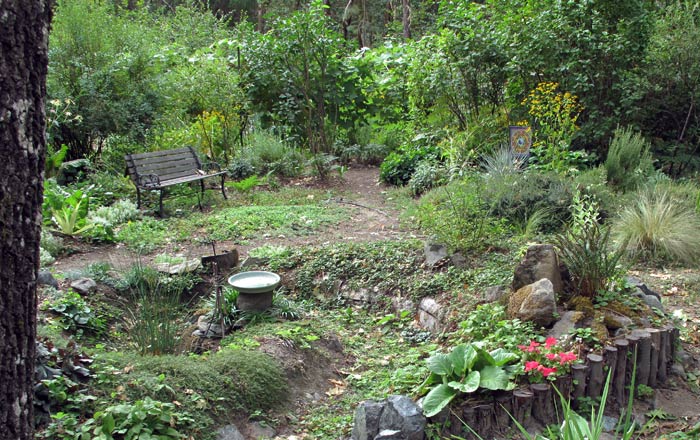 Bench and the spiral Rain Garden